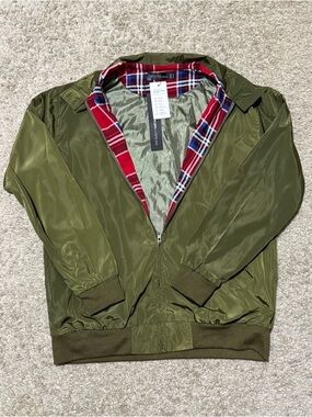 NWT Olive Green Zanzea Jacket with Red and Navy Plaid Lining Size US10